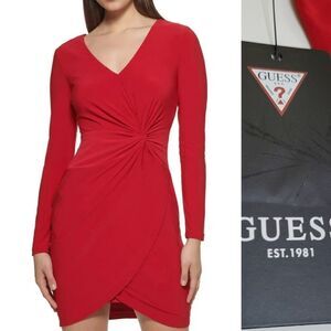 $120 NEW GUESS SEXY RED STRETCH JERSEY LONG SLEEVE LINED DRESS 4 SMALL NWT